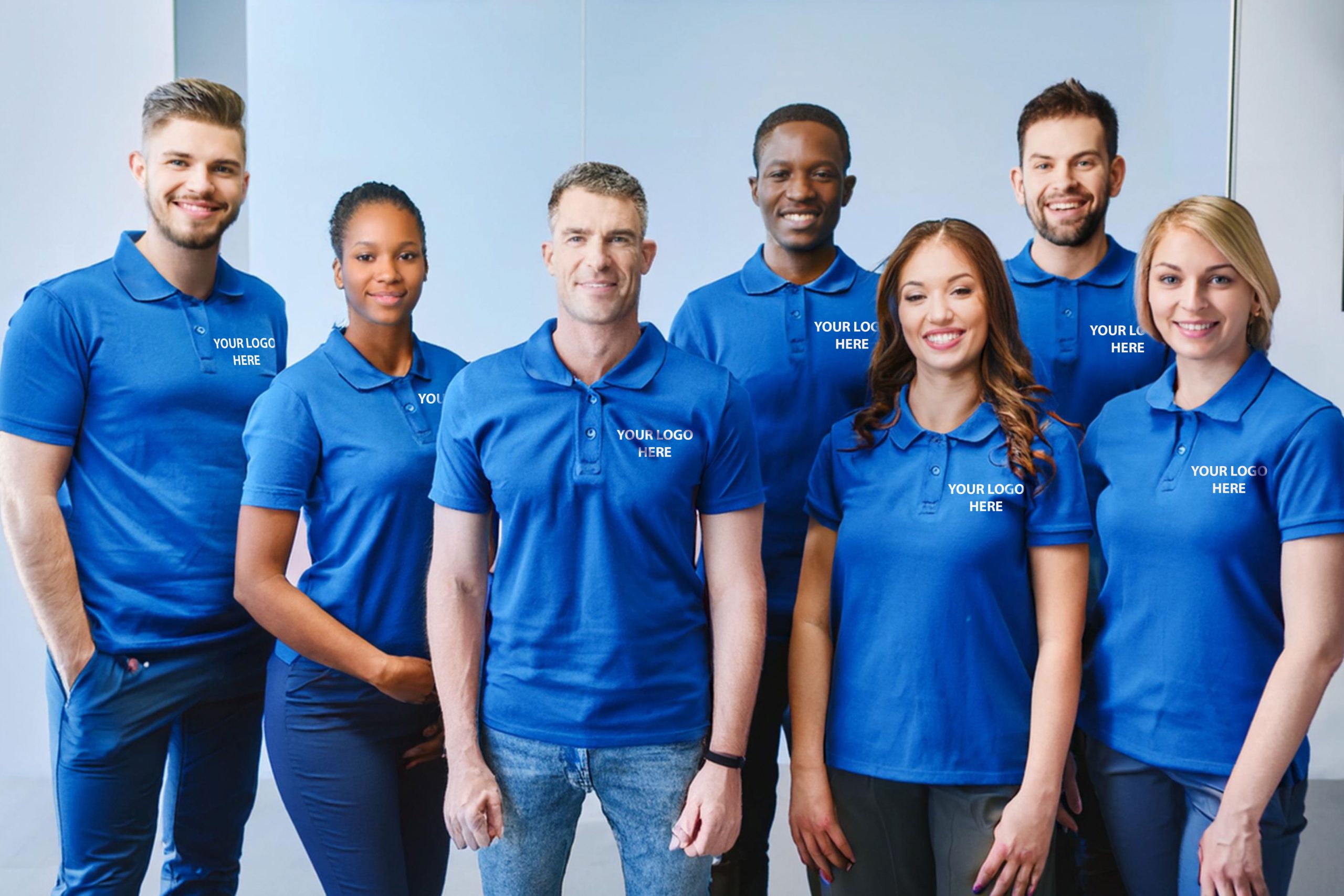 Image of a diverse group of 10 professionals, including 3 women and 7 men, in a modern office setting, all wearing similar styled t-shirts with a small company logo on the left chest, exemplifying unity and professionalism in workplace attire.